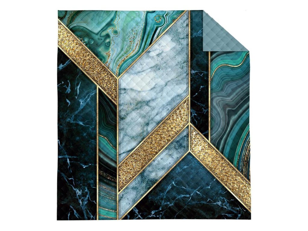 Dekorační přehoz 170x210 tyrkysově zlatý geometrický K_61 112 Přehoz přes postel